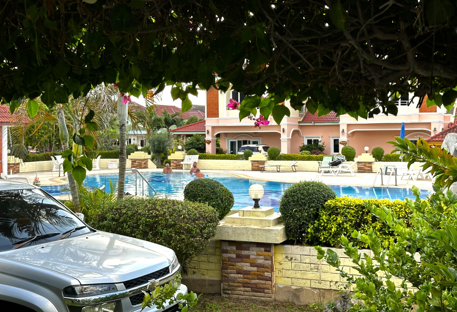 Utsikten mot poolen från terrassen under tak